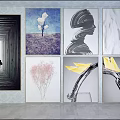 Abstract Portrait Paintings In Various Styles Hanging On Indoor Gallery Wall