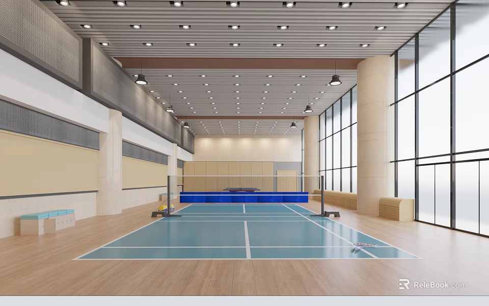 Indoor Badminton Court With Professional Court Net And Lighting System 3d model 