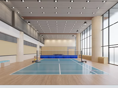 Indoor Badminton Court With Professional Court Net And Lighting System 3d model