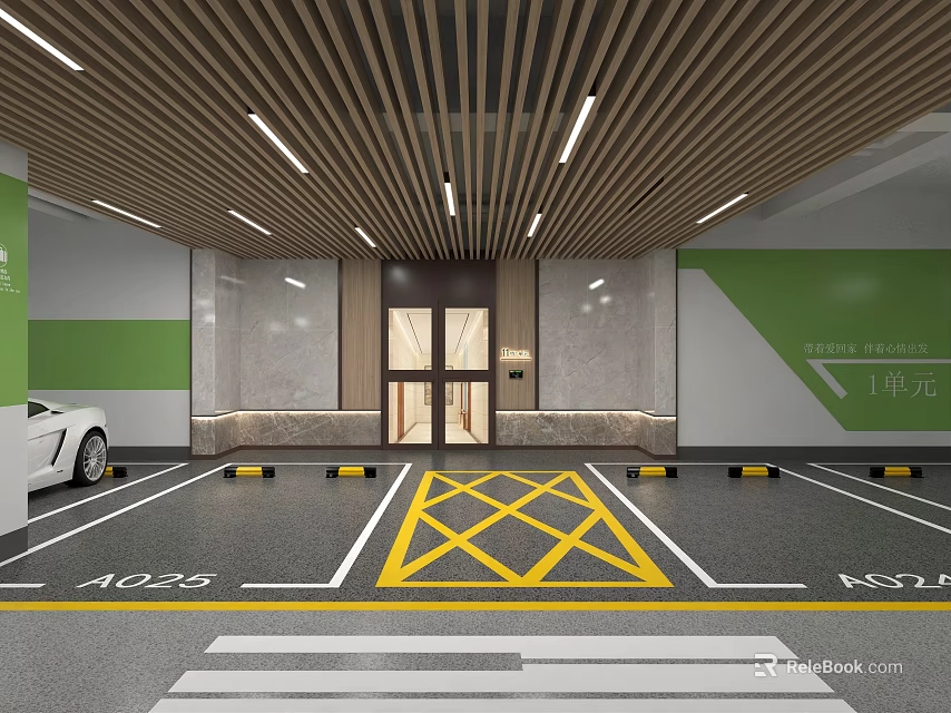 Modern Parking Garage Interior with Wooden Ceiling Glass Door Entrance and Yellow Guide Lines 3d model 