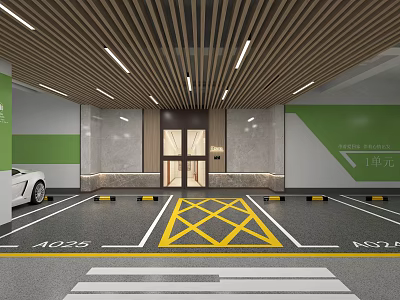 Modern Parking Garage Interior with Wooden Ceiling Glass Door Entrance and Yellow Guide Lines 3d model
