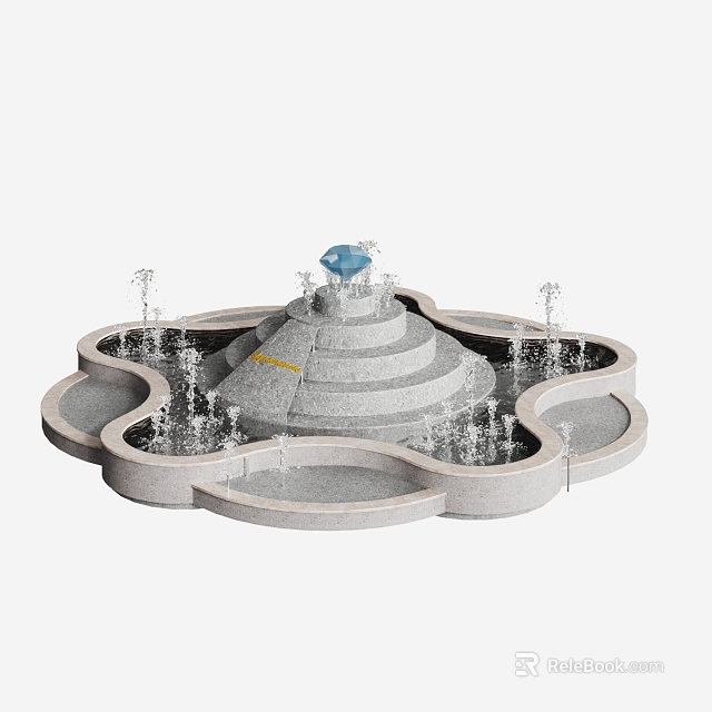Multi Tiered Stone Fountain With Petal Shaped Design Blue Decorative Top And Water Spouts 3d model 