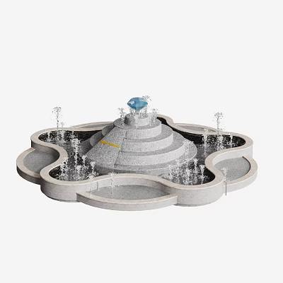Multi Tiered Stone Fountain With Petal Shaped Design Blue Decorative Top And Water Spouts 3d model