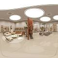 Clothing Store Interior With Circular Ceiling Lights Brown Pillar Racks Mannequins Plants And Wooden Cabinets