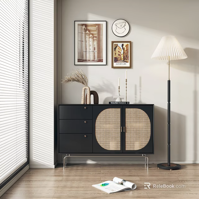 Modern Entryway Cabinet and Sideboard with Woven Doors Drawers Floor Lamp Wall Art and Clock 3d model 