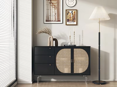Modern Entryway Cabinet and Sideboard with Woven Doors Drawers Floor Lamp Wall Art and Clock 3d model
