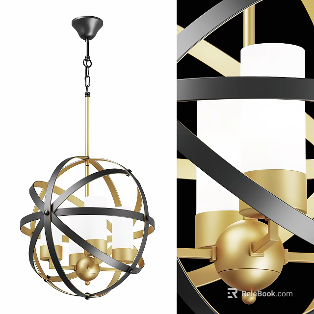 Modern Gold And Black Metal Chandelier With Spherical Frame And White Shades 3d model 