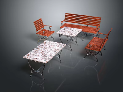 Two Outdoor Tables With Marble Top Metal Legs And Wooden Chairs Bench Set 3d model