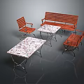 Two Outdoor Tables With Marble Top Metal Legs And Wooden Chairs Bench Set