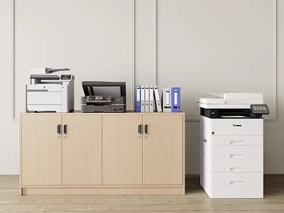 Light Wood Bookcase Holding Printers Scanners Folders And Documents Beside White Drawer Cabinet 3d model
