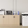 Light Wood Bookcase Holding Printers Scanners Folders And Documents Beside White Drawer Cabinet