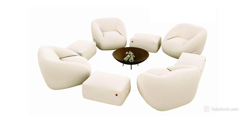 Modern White Sofa Set With Round Armchairs Ottomans And Coffee Table 3d model 