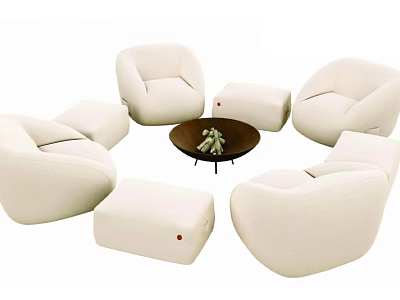 Modern White Sofa Set With Round Armchairs Ottomans And Coffee Table 3d model