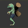 Green Reptile Character With Rolled Object On Back Wearing Blue Shorts In Standing Posture