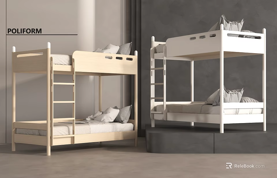 Modern Wooden And White Bunk Beds With Ladder Mattress And Pillows 3d model 