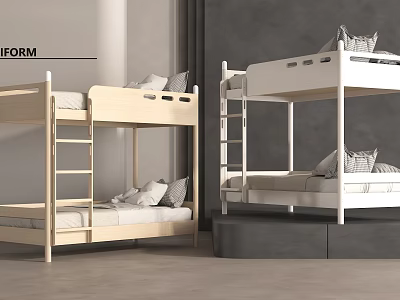 Modern Wooden And White Bunk Beds With Ladder Mattress And Pillows 3d model