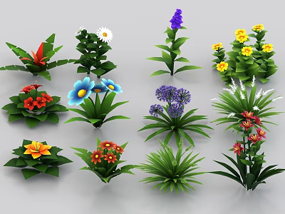 Colorful Flowers And Green Plants With Various Vibrant Petals And Lush Leaves 3d model