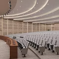 Spacious Modern Conference Room With Neatly Arranged White Seats Wooden Podium And Ceiling Lights