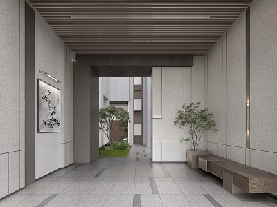 Modern Entryway Design With Gray Walls Wooden Bench Green Plants Hanging Painting And Courtyard View 3d model