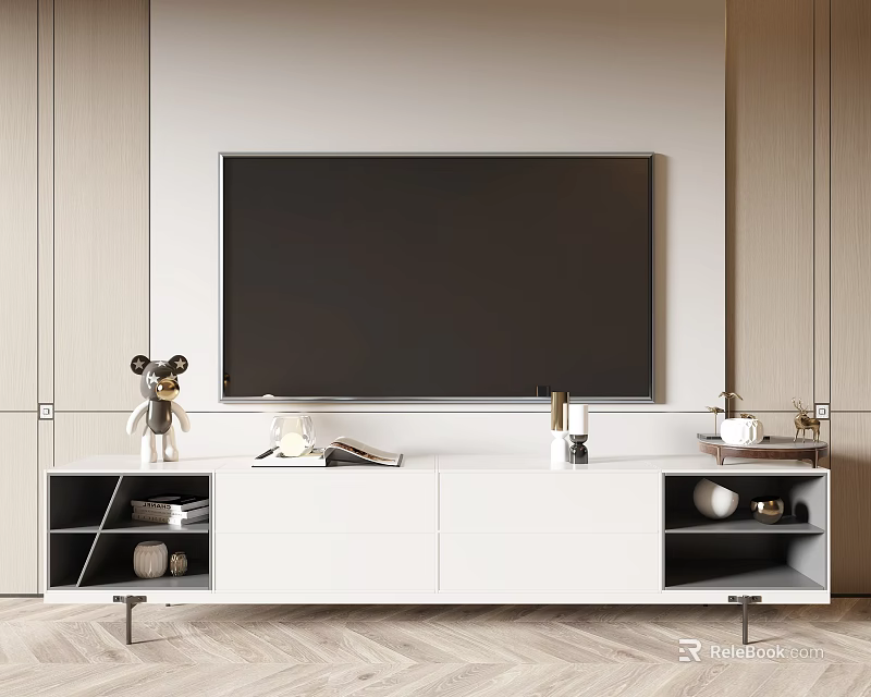 Modern White TV Stand With Storage Shelves And Decorative Items For Living Room 3d model 