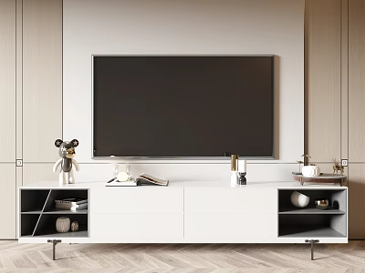 Modern White TV Stand With Storage Shelves And Decorative Items For Living Room 3d model