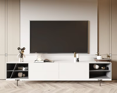 Modern White TV Stand With Storage Shelves And Decorative Items For Living Room 3d model