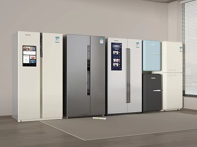 Modern Kitchen Refrigerators With Various Designs Colors And Sizes On 3d model