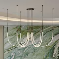 Modern Curved LED Tubes Chandelier With Metal Frame Marble Wall And Ceiling Strip Lights