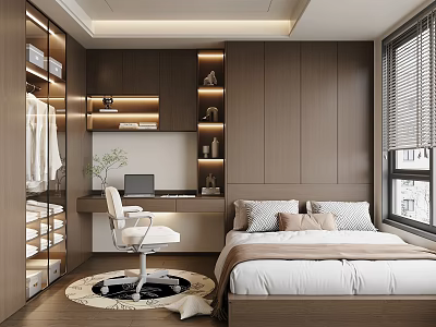 Modern Tatami Bedroom Interior With Wooden Walls Desk White Chair Built-in Wardrobe And Bookshelf 3d model