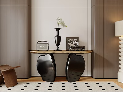 Modern Luxury Console Table Design With Vase Artwork Wooden Cabinets And Area Rug 3d model