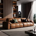 Modern Living Room With Brown Leather Sofa Green Black Pillows Wooden Bookshelves Scenic Window