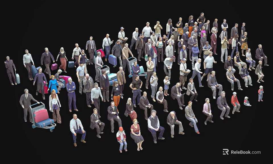 Diverse Group of People of Various Ages Sitting and Standing with Luggage 3d model 