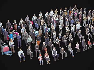 Diverse Group of People of Various Ages Sitting and Standing with Luggage 3d model