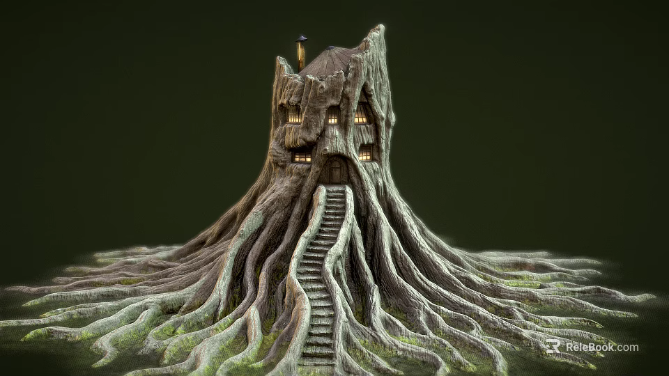 Tree House Architecture In Tree Trunk Structure With Spreading Roots Staircase And Lit Windows 3d model 