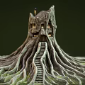 Tree House Architecture In Tree Trunk Structure With Spreading Roots Staircase And Lit Windows