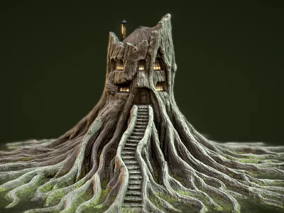 Tree House Architecture In Tree Trunk Structure With Spreading Roots Staircase And Lit Windows 3d model