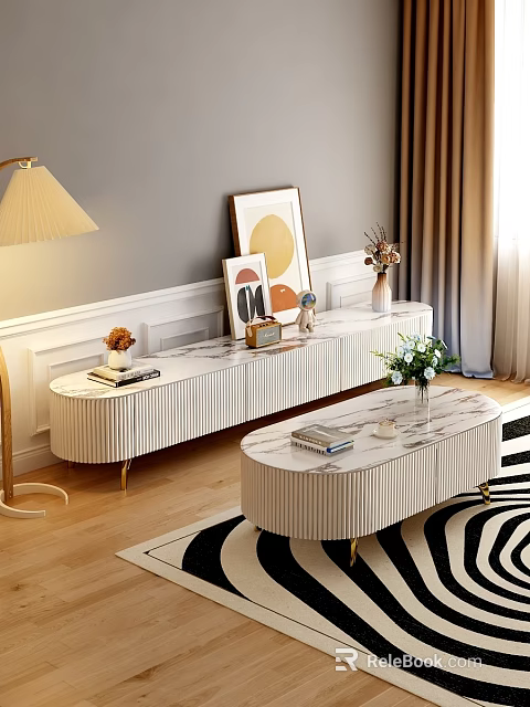 Elegant Modern TV Cabinet With Marble Top Golden Legs And Decorative Artworks 3d model 