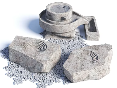 Traditional Rustic Stone Mill And Trough Display With Scattered Natural Pebbles 3d model