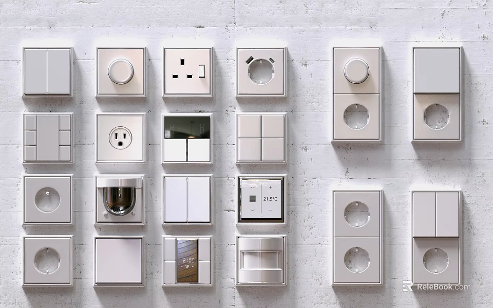 Various Modern Switch Panels With Different Designs Displayed On White Wall 3d model