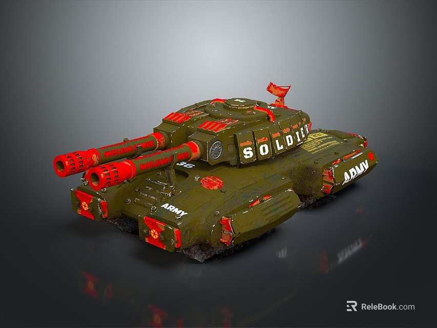 Green Armored Tank Design With Red Details Multiple Cannons And Number 800011 3d model 