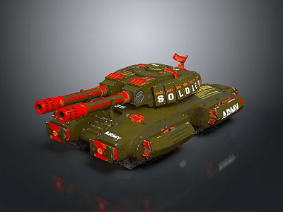 Green Armored Tank Design With Red Details Multiple Cannons And Number 800011 3d model