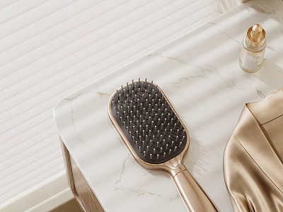 Decorative Accessories Set With Hair Brush Perfume Bottle And Silk Fabric On Marble Countertop 3d model