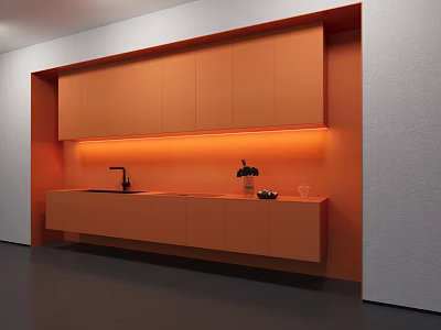 Orange Modern Kitchen Interior Design With Built-in Cabinets LED Lighting And Countertop Sink 3d model