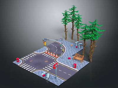 Miniature Crossroad Scene With Traffic Lights Pine Trees Bench Fire Hydrants And Zebra Crossing 3d model