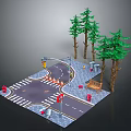 Miniature Crossroad Scene With Traffic Lights Pine Trees Bench Fire Hydrants And Zebra Crossing