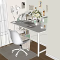 White Desk Setup With Desk Lamp Notebook Mouse Flower Vase Green Appliance And White Chair