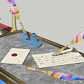 Colorful Feather Quill Pen With Decorative Gold Handle For Chinese Calligraphy On Paper