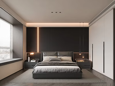 Modern Bedroom Interior Design With Dark Headboard Bedside Tables Table Lamps And Recessed Lighting 3d model