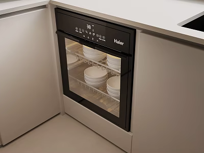Haier Built in Sterilizer With White Plates In Modern Kitchen Cabinet Setup 3d model