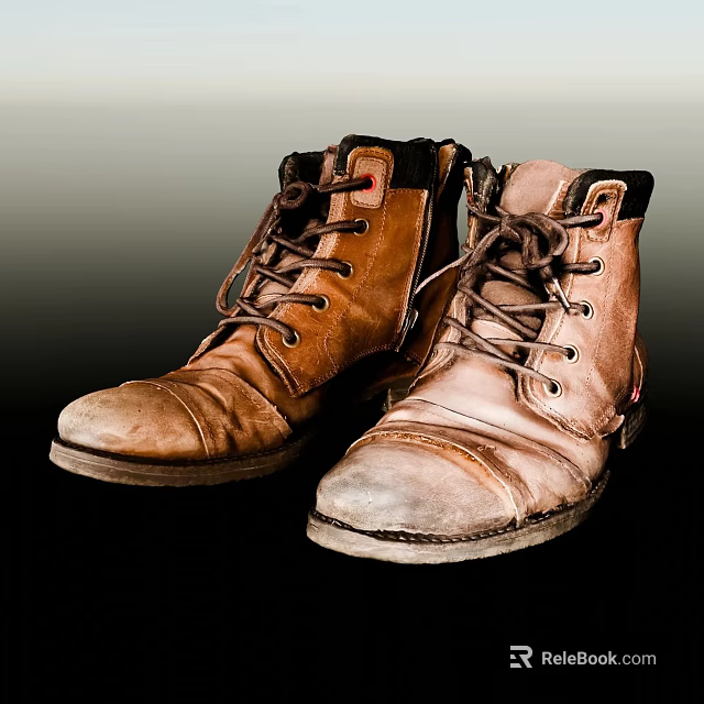 Brown Leather Work Boots With Shoelaces Distressed Design And Thick Sole 3d model 